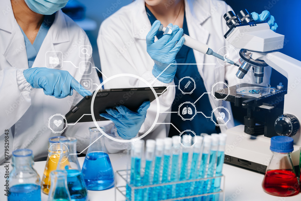 Fototapeta premium Scientist two woman with tablet and laptop, laboratory and ecofriendly science. Agriculture, research and scientists with online reading, test samples