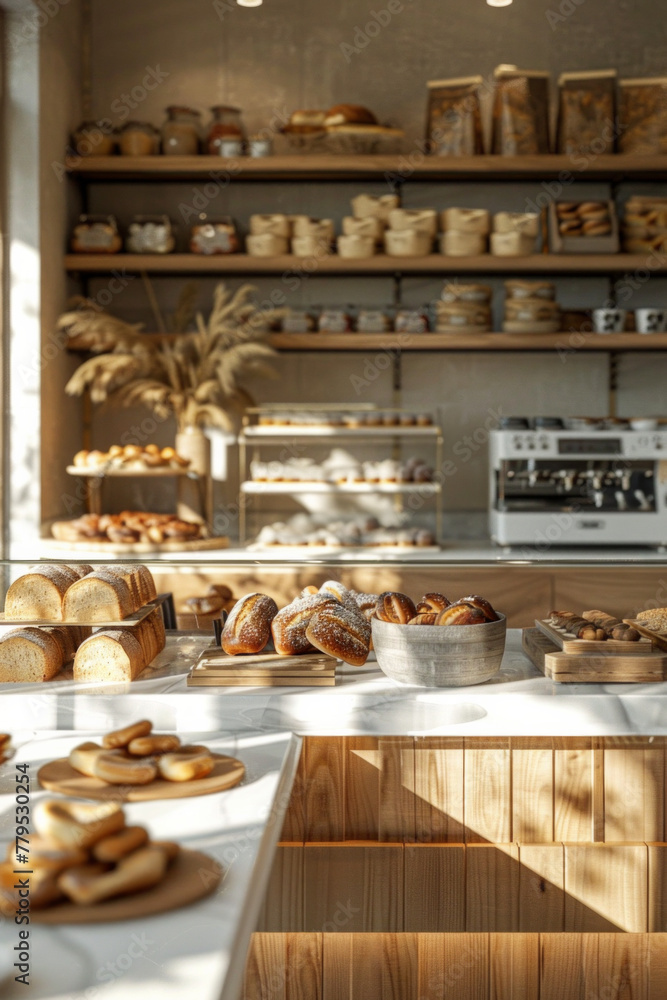 A modern bakery shop with sunlight