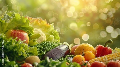 fresh vegetables and fruits with water droplets on each one of them, composed asthetically photo