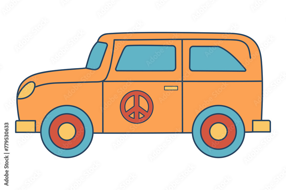Retro groovy hippie car. Vintage travel van. Colorful cartoon 60s, 70s style