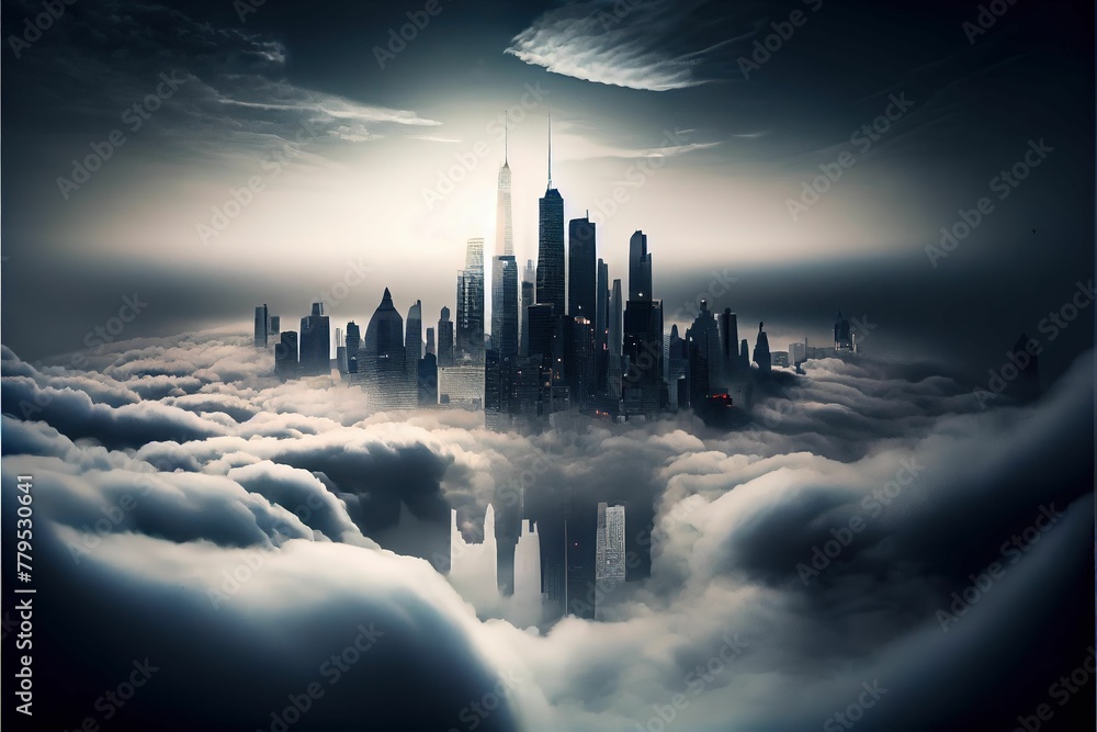 AI-generated illustration of a modern city skyline reflected in the water surrounded by clouds.