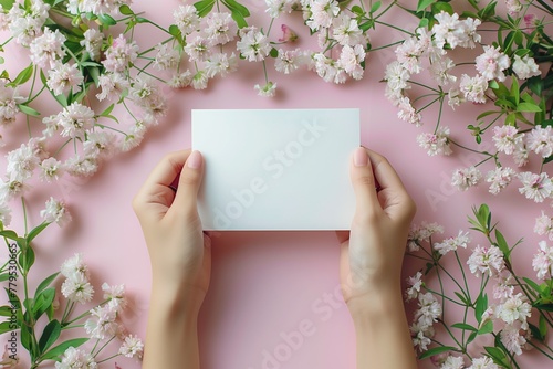 A woman's hands are holding an empty paper card on a floral pink background. Postcard mockup template with white flowers. © Ekaterina Chemakina