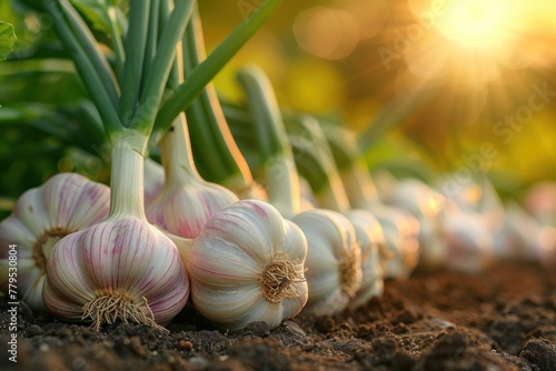 Row of garlic plants growing in the dirt. Generative AI