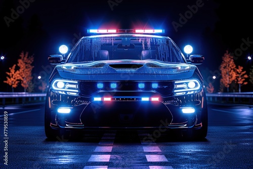 Police car parked in parking lot at night. Generative AI
