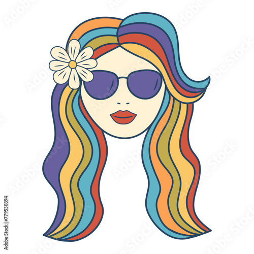 Retro groovy hippie girl face with sunglasses, daisy flower and rainbow hair. 