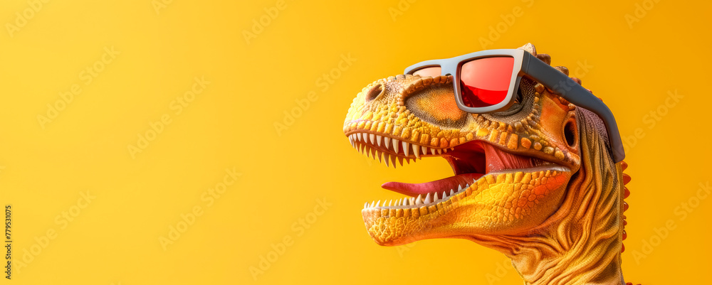 Cool dinosaur with sunglasses on yellow background - obrazy, fototapety, plakaty 