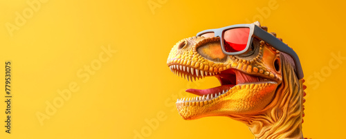 Cool dinosaur with sunglasses on yellow background