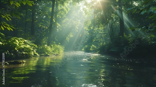 Sunlight filtering through dense jungle trees onto a flowing stream  AI-generated.