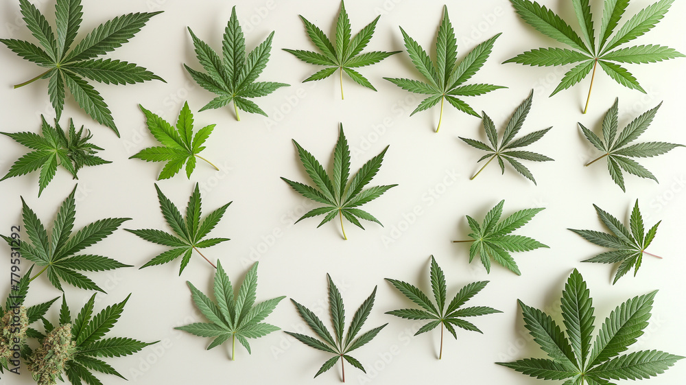 A collection of marijuana leaves are arranged in a circle on a white background A collection of marijuana leaves are arranged in a circle on a white background