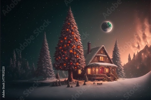 AI generated illustration of a small hut surrounded with fir trees in winter