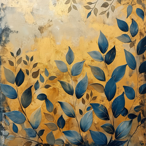 A painting of leaves with gold and blue colors