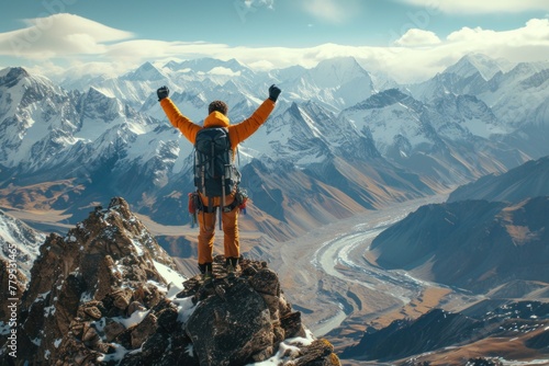 Man Celebrating Victory on Mountain Peak. Generative AI