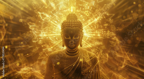 wallpaper of Buddha sitting in lotus position with his hands folded on his chest and surrounded by a golden halo behind him photo