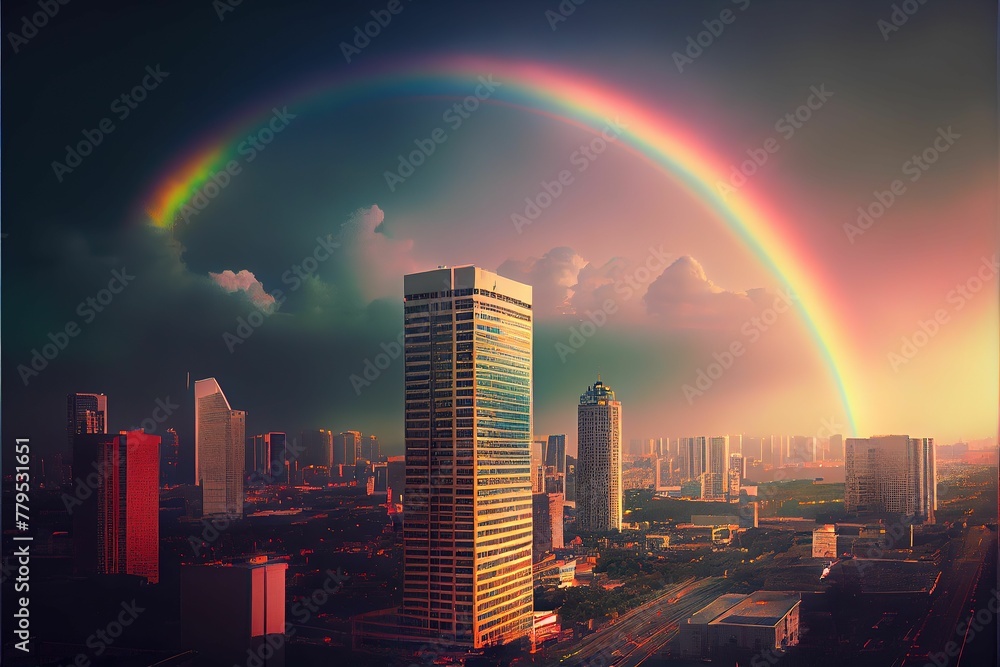 AI-generated illustration of a modern city skyline with a rainbow.