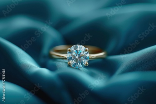 Close Up of Diamond Engagement Ring on Blue Cloth. Generative AI