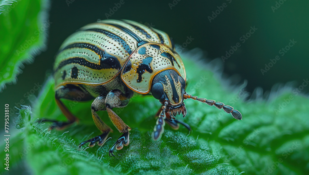 Naklejka premium Close up of the Colorado potato beetle on an green leaf, with its distinctive black and white stripes and small dots.