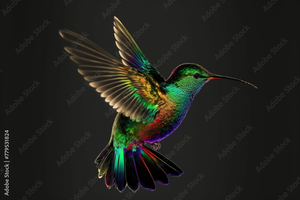 Fototapeta premium AI generated illustration of a bright colorful exotic hummingbird on a dark background