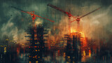 A painting of a city with two cranes and a fire