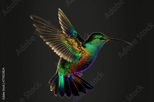 AI generated illustration of a bright colorful exotic hummingbird on a dark background