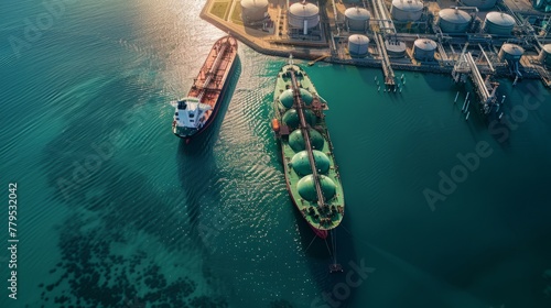 Aerial drone ultra wide panoramic photo with copy space of LNG (Liquified Natural Gas) tanker anchored in small gas terminal island with tanks for storage