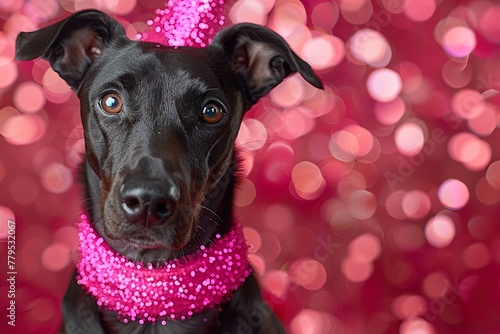 black Doberman pinscher dog on pink background 