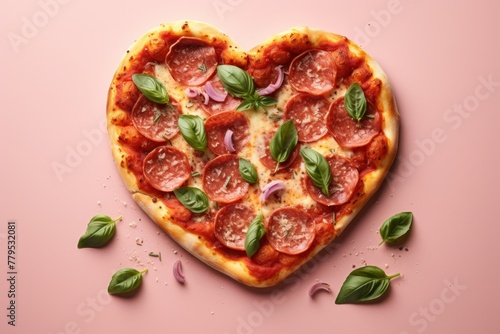 Heart Shaped Pizza on Table. Generative AI