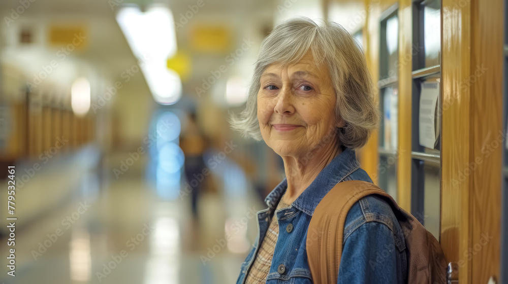 Senior woman smiling in school hallway