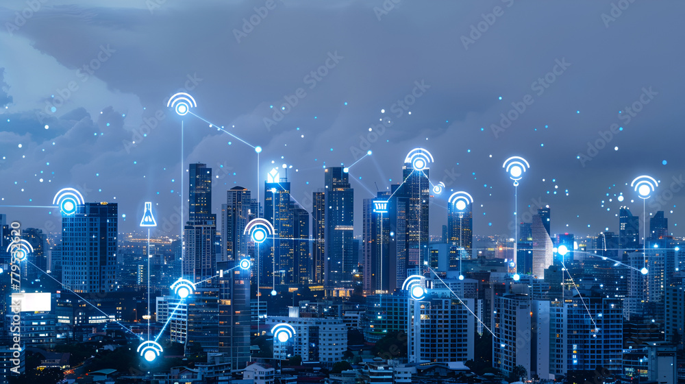Network Telecommunication and Communication Connect Concept, Connection 5G Networking System of Infrastructure and Cityscape at Night Scenery. Technology Digital Connectivity and Information Transfer
