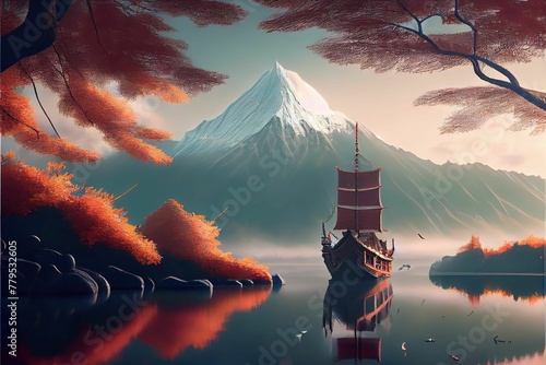AI generated illustration of a boat surrounded by orange plants and Mount Fuji in the distance
