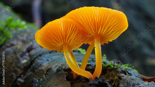 Twin Orange Mushrooms with Dew Drops on Log