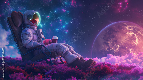 A man in a spacesuit is sitting on a chair in a field of flowers photo
