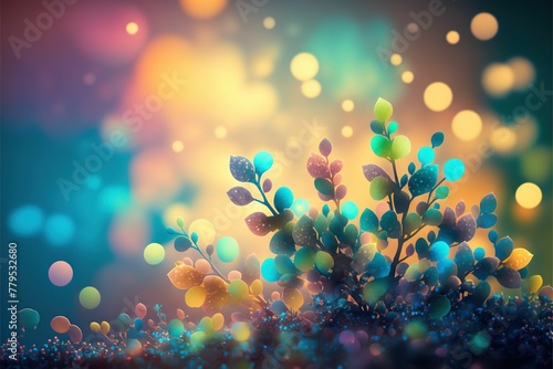 AI generated illustration of a bright bokeh background with blooming abstract flowers