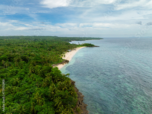 White sandy beaches and greenery forest in Carabao Island. San Jose, Romblon. Philippines.