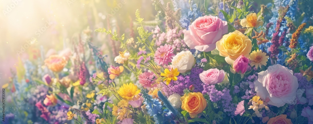 Colorful bouquet of spring flowers on blurred background with copy space