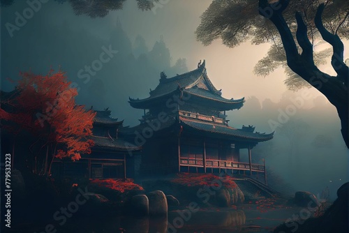 AI generated illustration of enchanted oriental building surrounded by autumn trees
