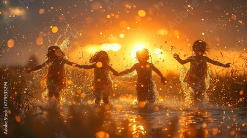 a family running through a puddle at sunset in the water