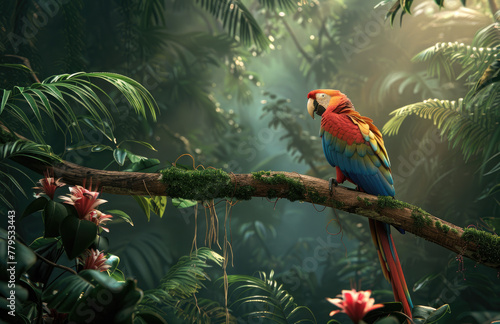 A colorful parrot perched on the branch of an ancient tree in lush tropical rainforest, surrounded by dense foliage and exotic flora