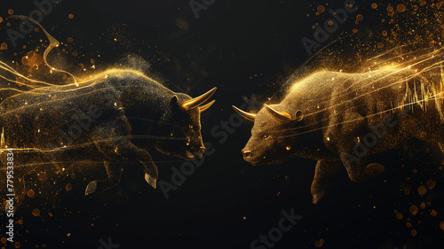 Two bulls are facing each other in a black background photo