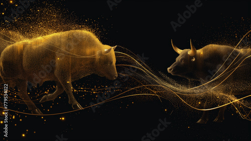 Two bulls are fighting in a gold and black background