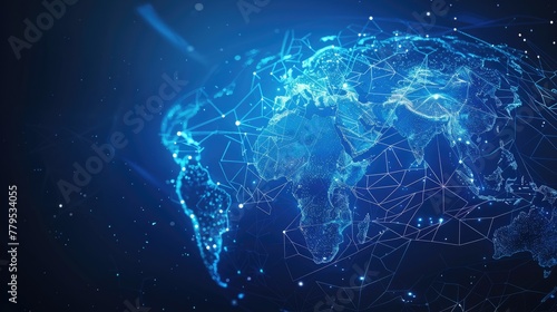 Blockchain technology Map of the planet. World map. Global social network. Blue futuristic background with planet Earth. Internet and technology. Floating blue plexus geometric background. 