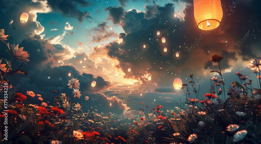 Dreamy landscape with lanterns and stormy sky. Magical evening scene with glowing lanterns floating above vibrant wildflowers under a stormy, star-filled sky