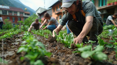Volunteers Planting in Community Garden Urban Environment