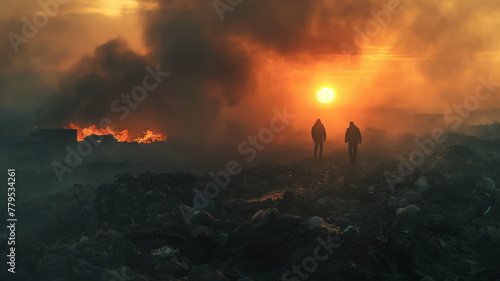 Two men walking through a field of trash and smoke