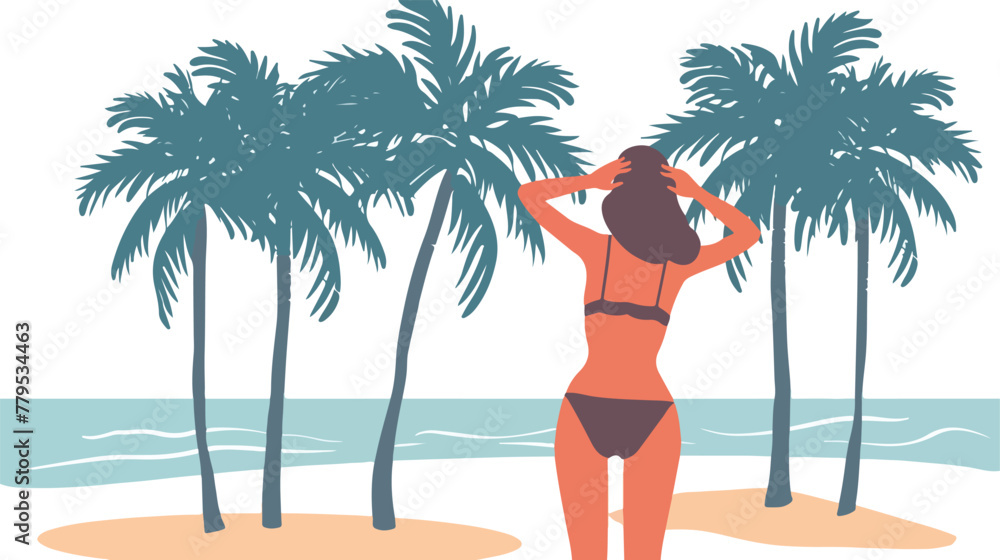 Woman in a bathing suit among the palms. Vector Flat