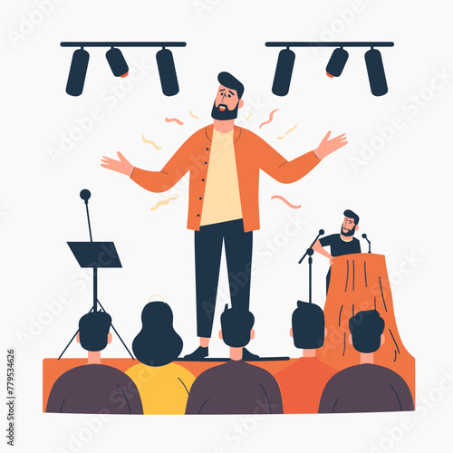 Concert hall with a male speaker. Vector illustration in flat style