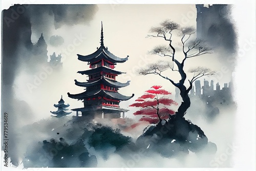 AI-generated illustration of an ink wash painting of an ancient Asian temple on a hill