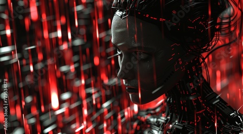 Cyborg in digital red environment with dynamic lights. A cybernetic entity is immersed in a vibrant red virtual space filled with streaks of dynamic light