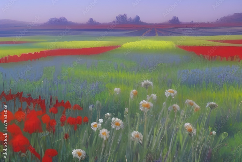 AI-generated illustration of a meadow landscape with blooming flowers