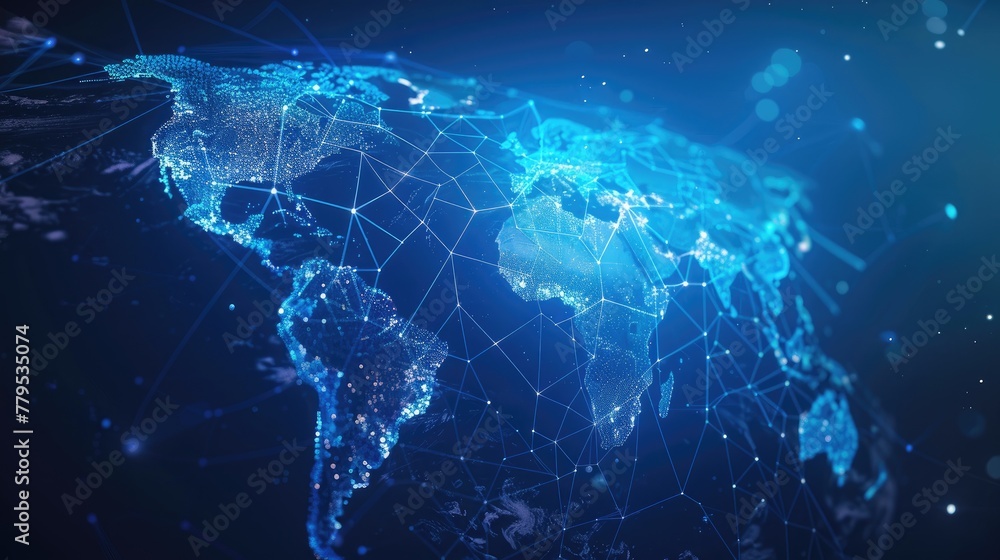 © Tilak - Blockchain technology Map of the planet. World map. Global social network. Blue futuristic background with planet Earth. Internet and technology. Floating blue plexus geometric background.