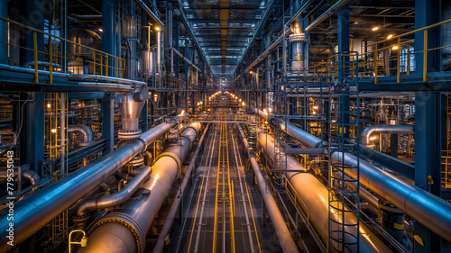 A large industrial building with many pipes and a yellow light © CtrlN